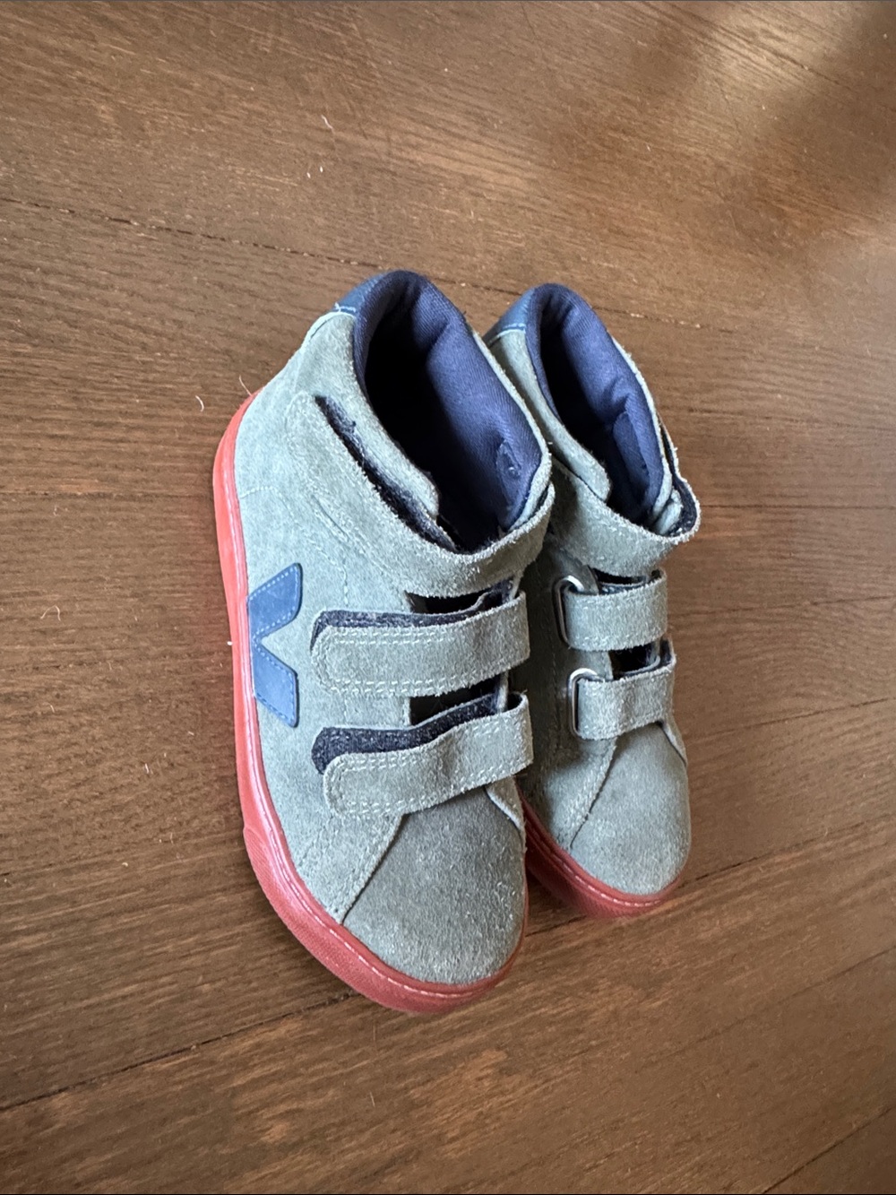 Veja Kids Suede Sneakers with Red Sole - Velcro Closure